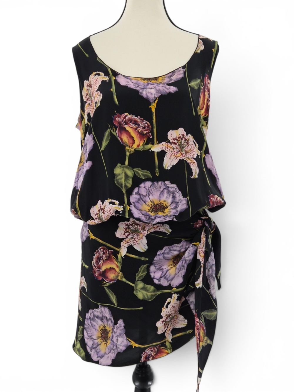 Vintage Nicole Miller 100% Silk Mock Wrap Mini Dress 8 Black Floral Made In USA
